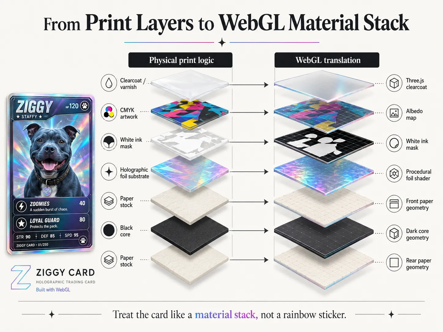 Diagram mapping physical print layers to the Ziggy Card WebGL material stack.
