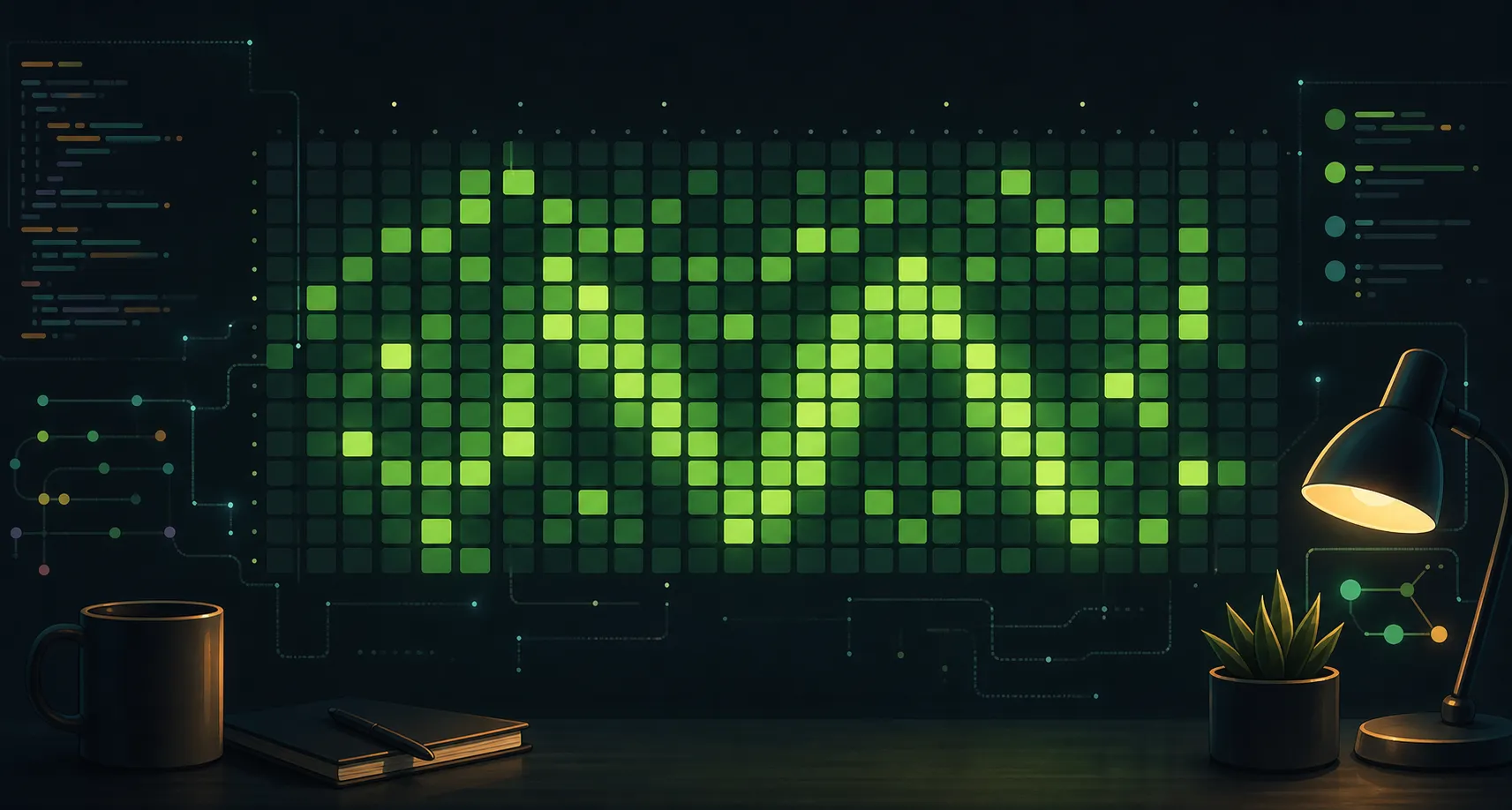 Generative hero art for Grid Graffiti, showing a glowing contribution-grid canvas in a dark coding workspace.