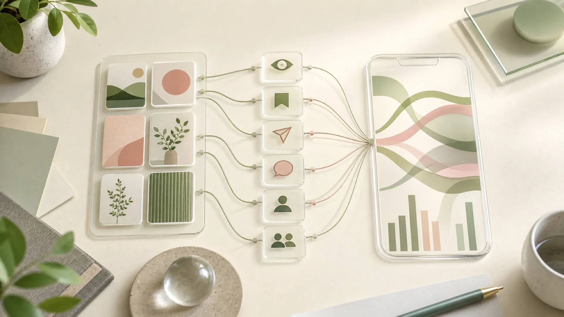 Abstract tabletop signal map showing content tiles connected to audience-behavior icons and analytics shapes.