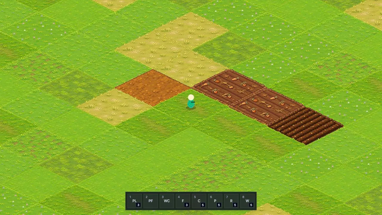 Current iso-farm-game prototype showing the isometric farm grid, carrot plots, player marker, and hotbar.