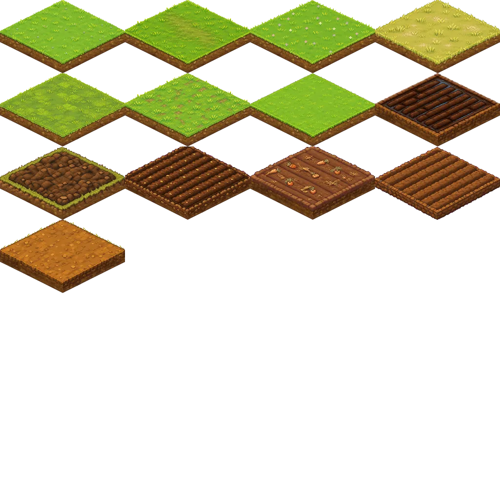 Runtime tile atlas for the current isometric farm ground, plot, and carrot lifecycle states.