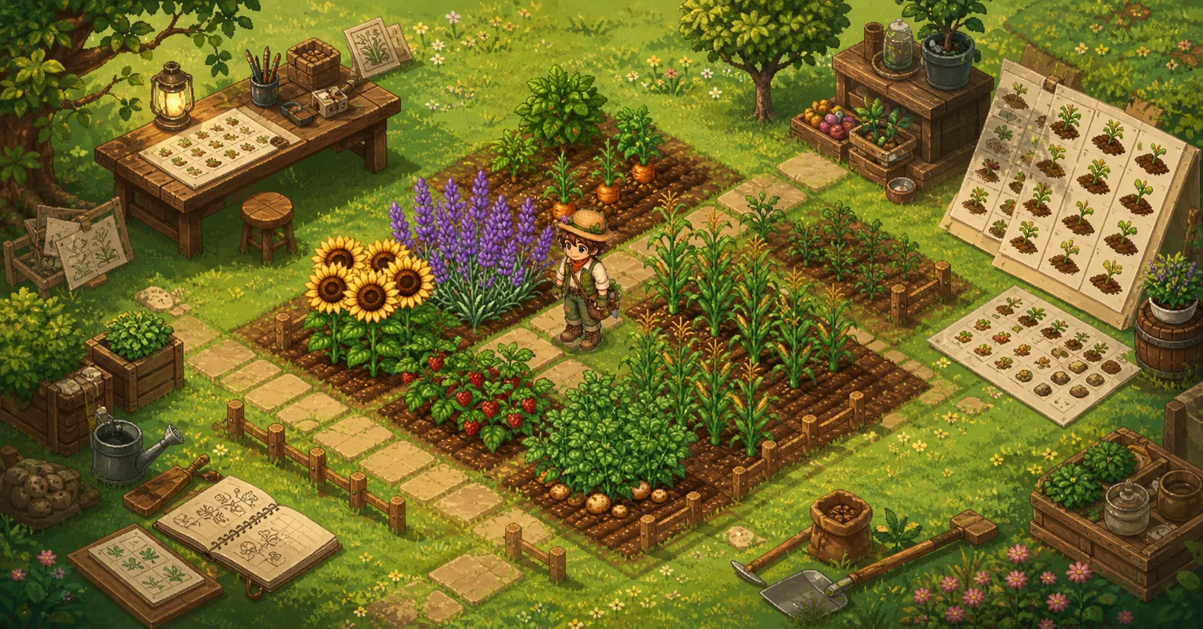 Concept art of a Seedfolk farm scene surrounded by crop sheets, sketches, tools, and a small outdoor workbench.