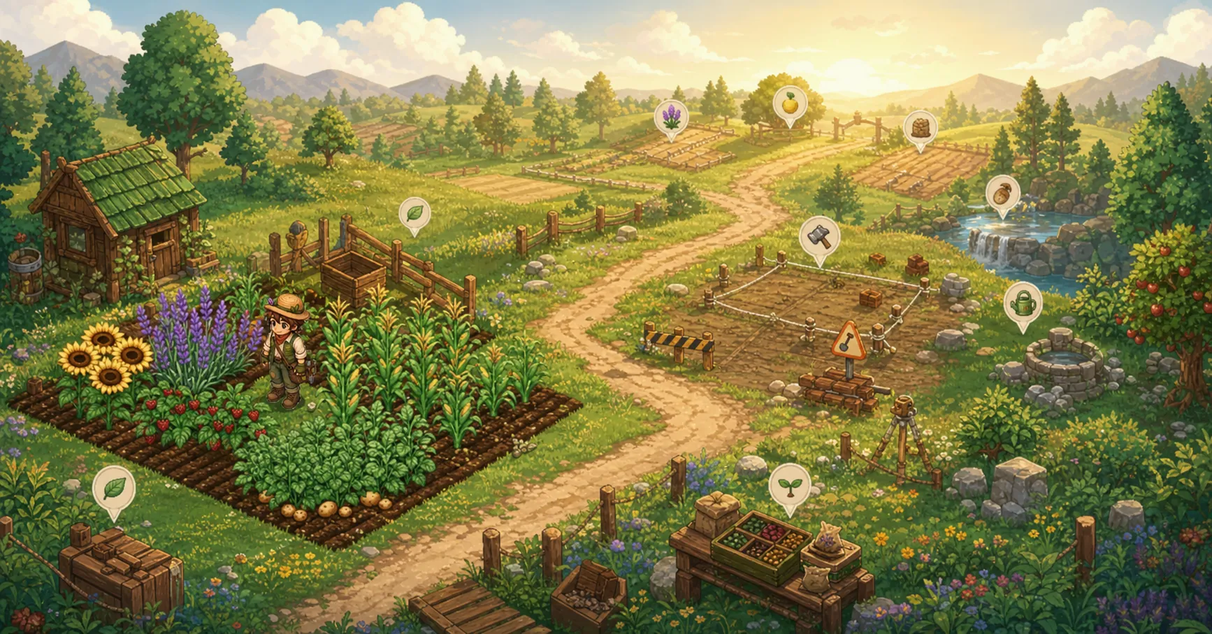 Concept art of a Seedfolk farm path leading from a finished crop patch toward future farm areas, with small markers, seed crates, and half-built plots.