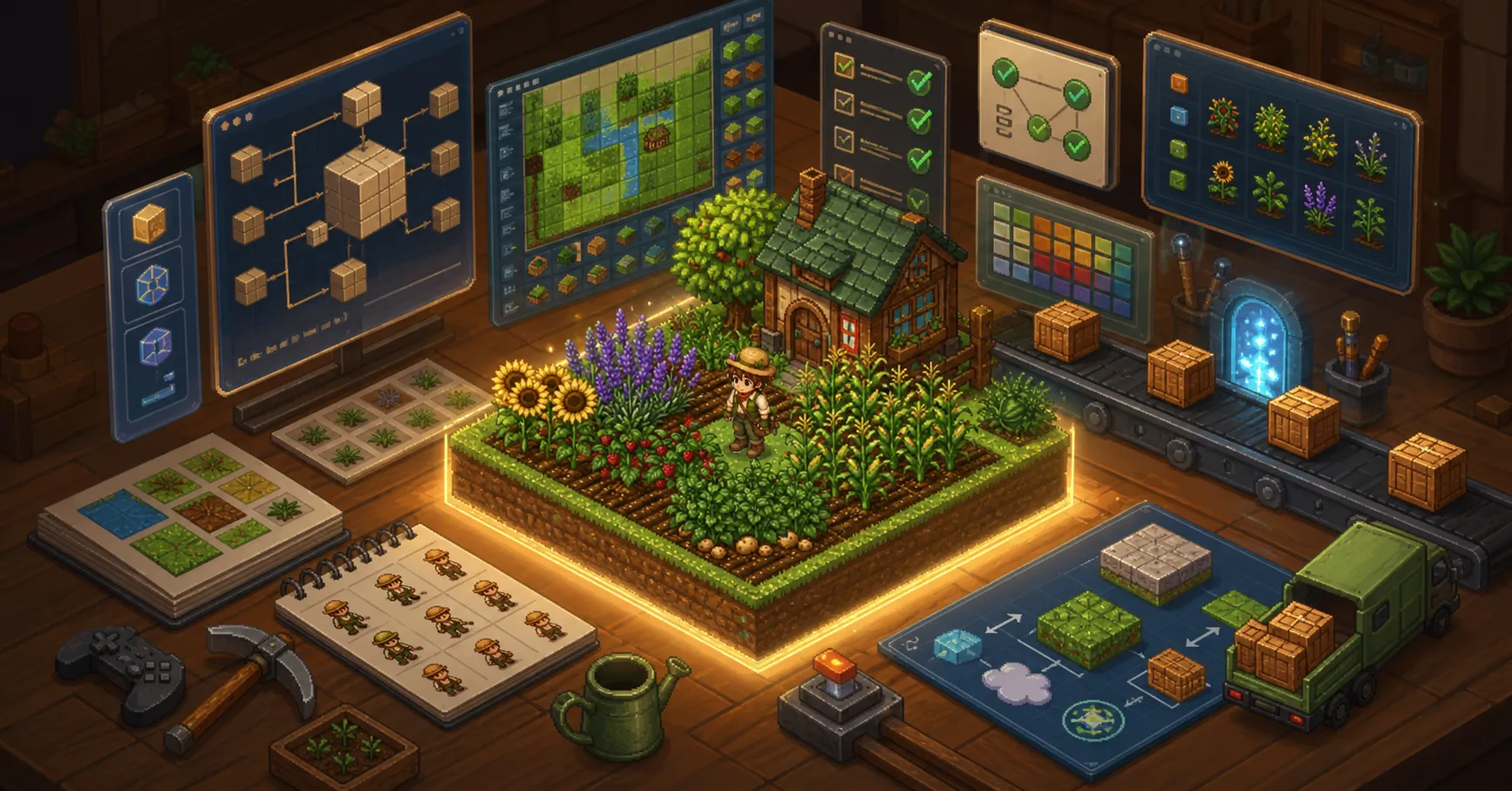 Concept art of a browser-game development workshop with crop beds, tile maps, test panels, deployment crates, and tool boards arranged around a small farm diorama.