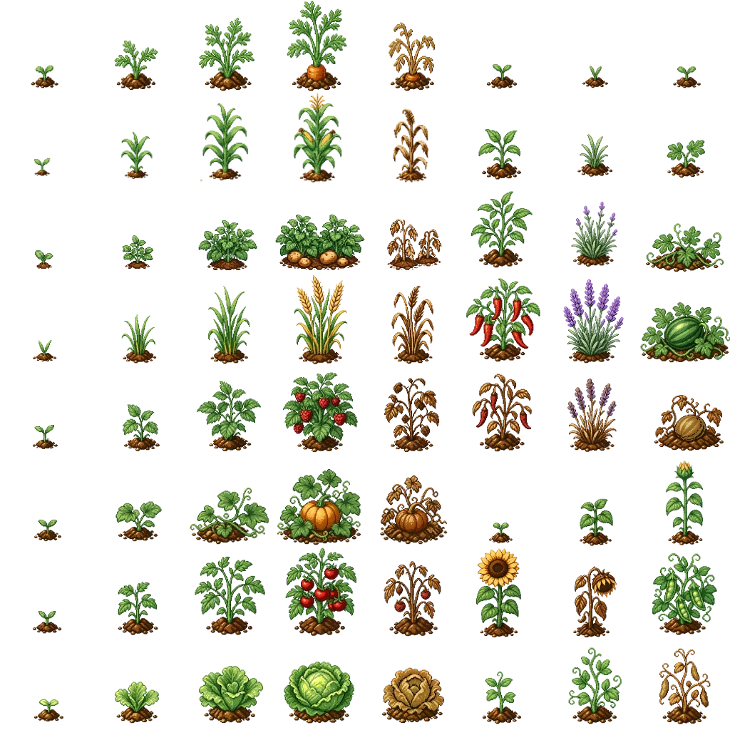 Botanical crop tile sheet with multiple crop species and growth stages.