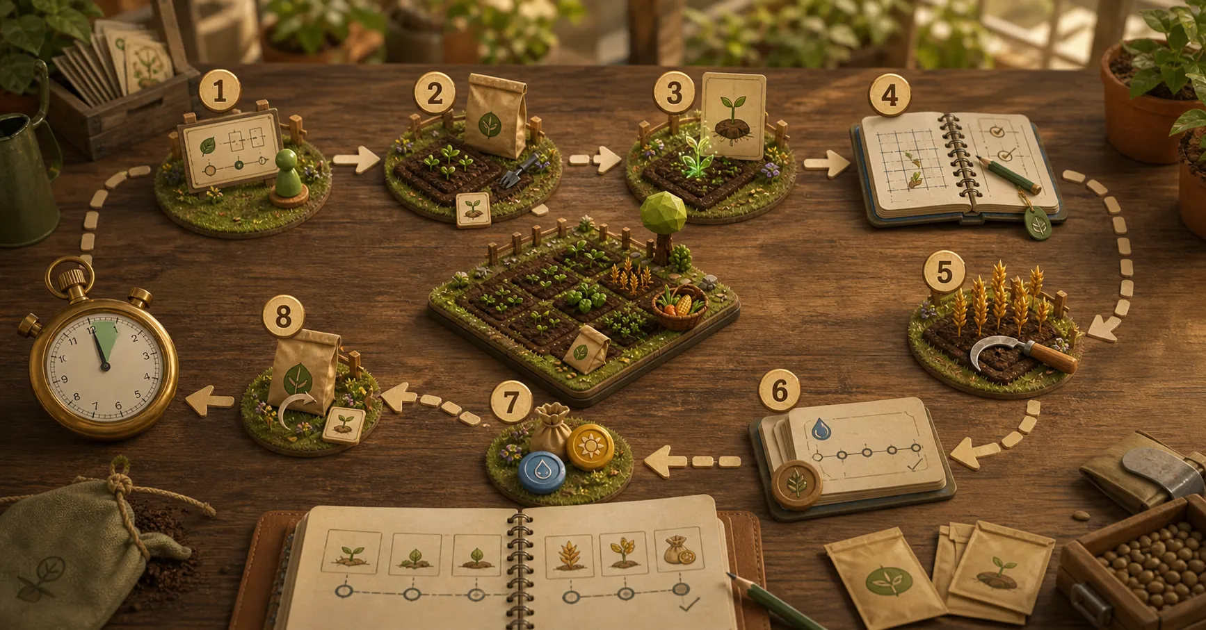 AI-generated tabletop route map for the Seedfolk 15-minute playtest, with numbered miniature stations connected around a tiny isometric farm board.