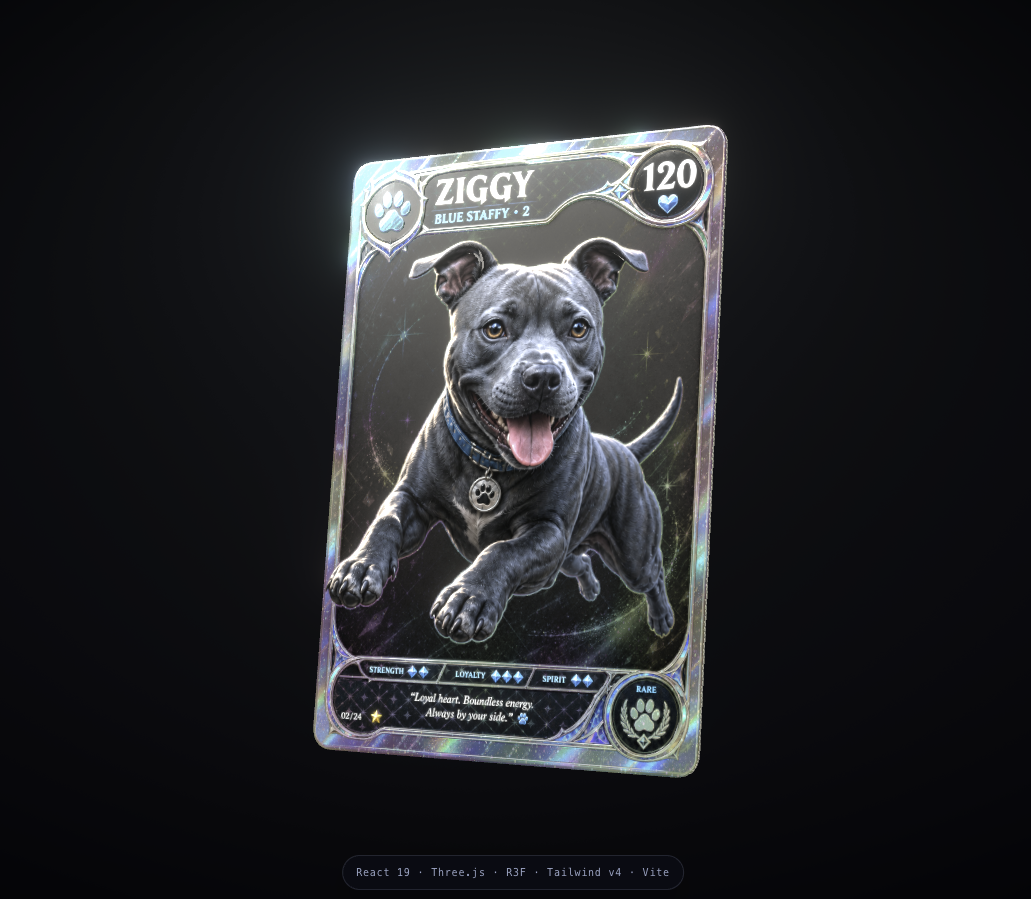 Holographic Ziggy trading card floating on a dark WebGL scene.