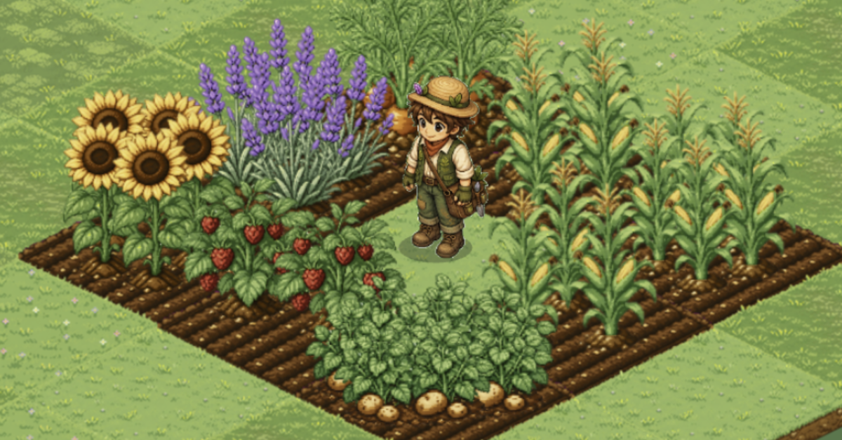 Seedfolk gameplay screenshot showing a farmer among dense isometric crop beds. Public social preview image for the Seedfolk catch-up post.