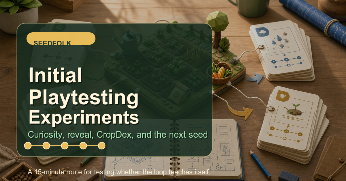 Seedfolk social preview for the initial playtesting experiments post, showing a tabletop farm planning scene with route markers.