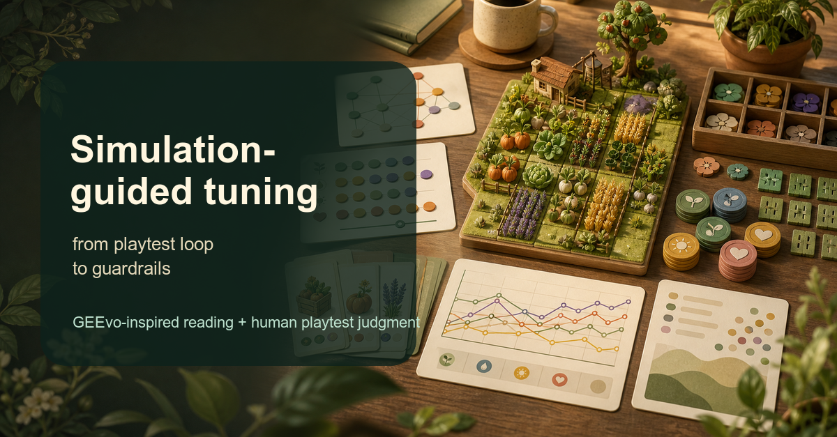 Seedfolk simulation-guided tuning social card showing a farm board, request cards, and chart-like planning materials.
